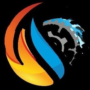 circular logo with fire water and metal water mill